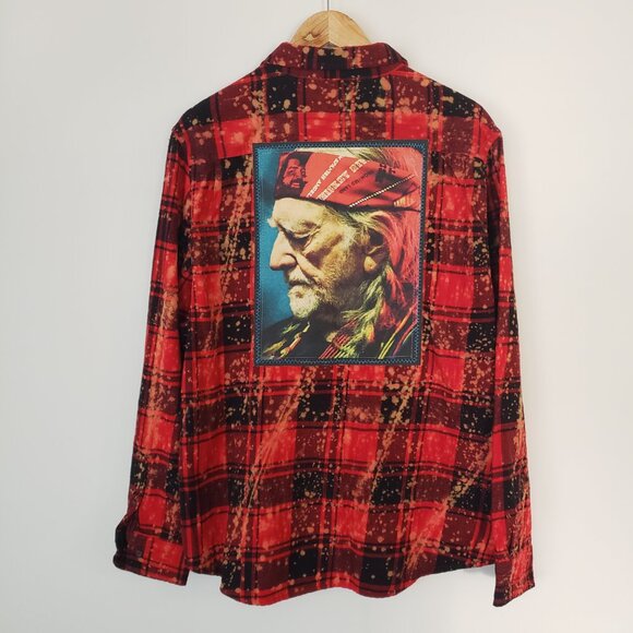 Angry Minnow Flannel Shirt XL Willie Nelson Graphic Red/Black Bleach Distressed - Picture 1 of 13